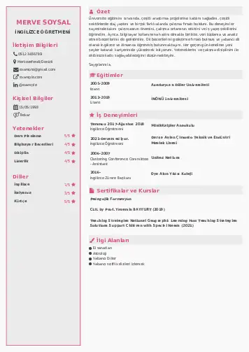 Yabancı Dil Öğretmeni Cv Örnekleri cv indir